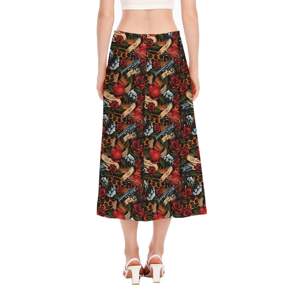 Old School Tattoo Print Side Slit Midi Skirt
