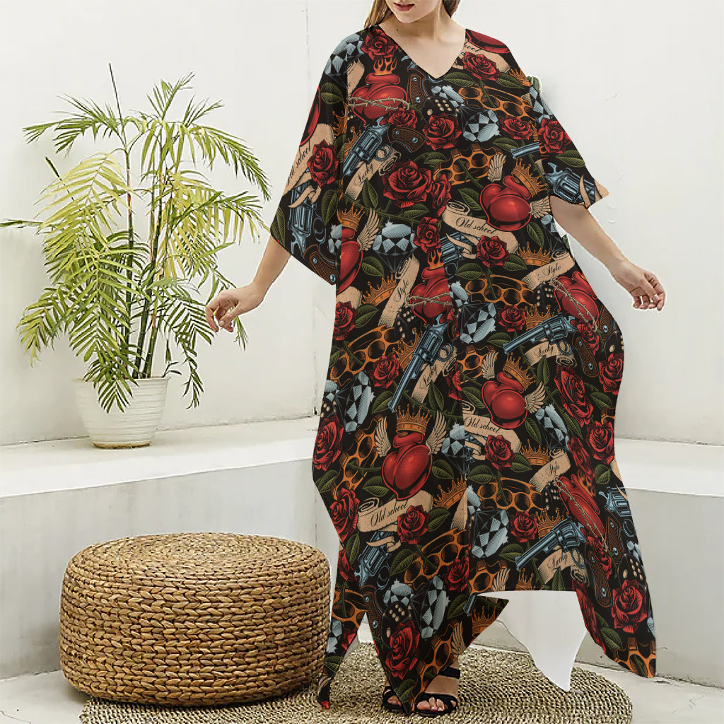 Old School Tattoo Print Silk V-Neck Kaftan Dress