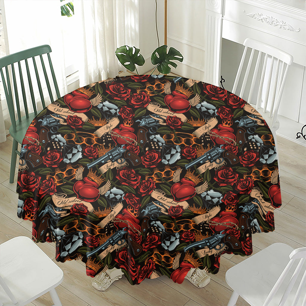 Old School Tattoo Print Waterproof Round Tablecloth