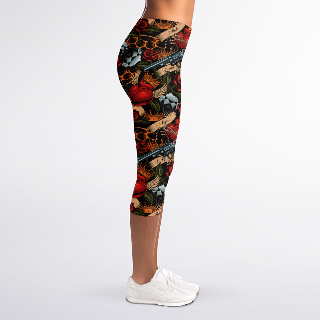 Old School Tattoo Print Women's Capri Leggings