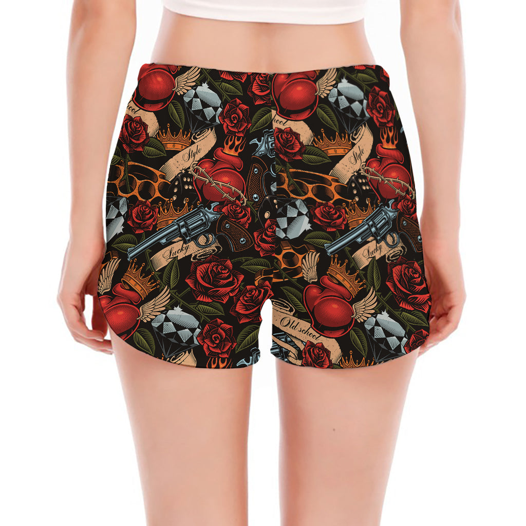 Old School Tattoo Print Women's Split Running Shorts