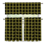Olive Green Buffalo Check Pattern Print 3 Piece Kitchen Curtains
