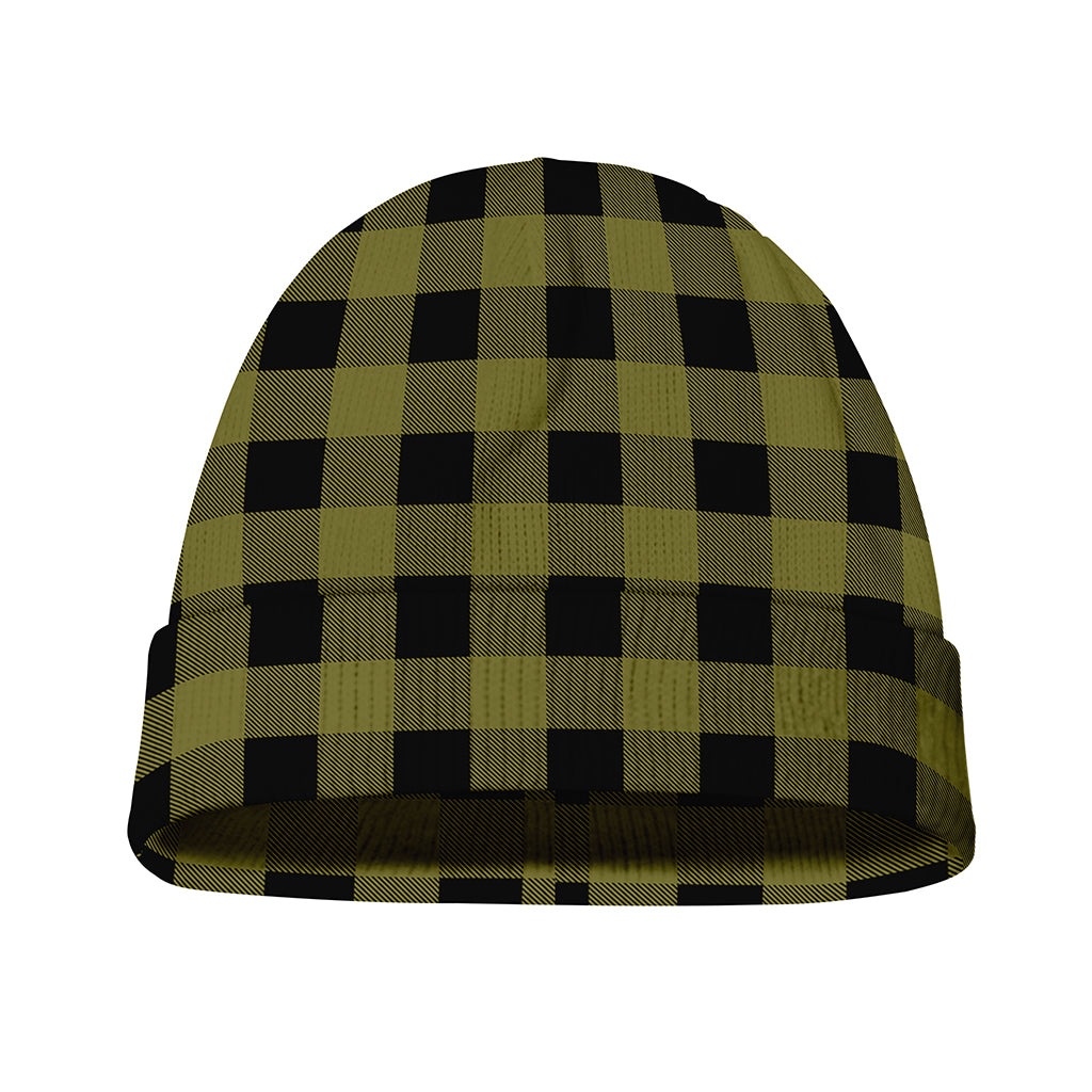 Olive Green Buffalo Check Pattern Print Beanie