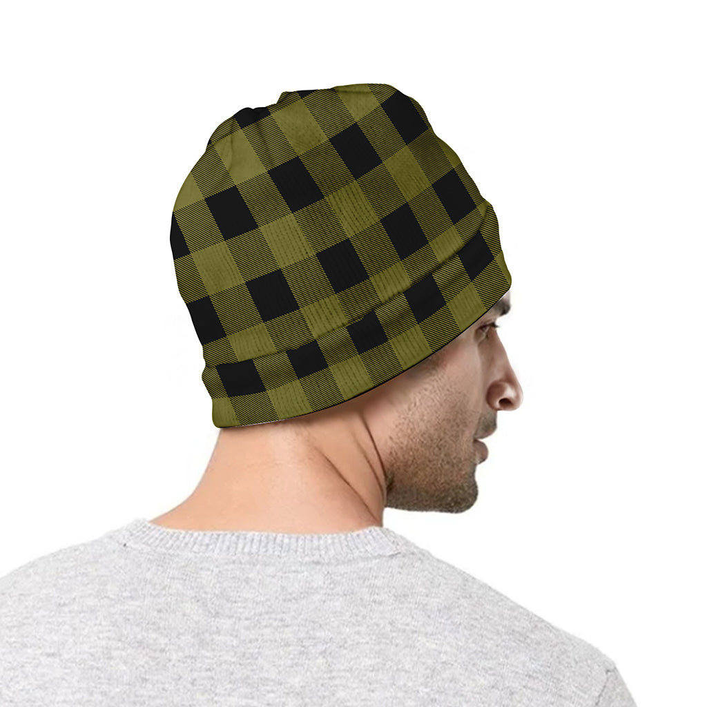 Olive Green Buffalo Check Pattern Print Beanie