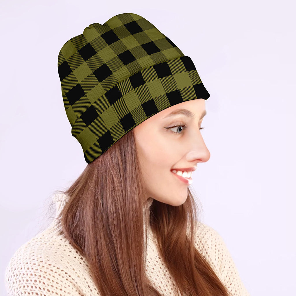 Olive Green Buffalo Check Pattern Print Beanie