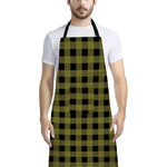Olive Green Buffalo Check Pattern Print Bib Apron With Pocket