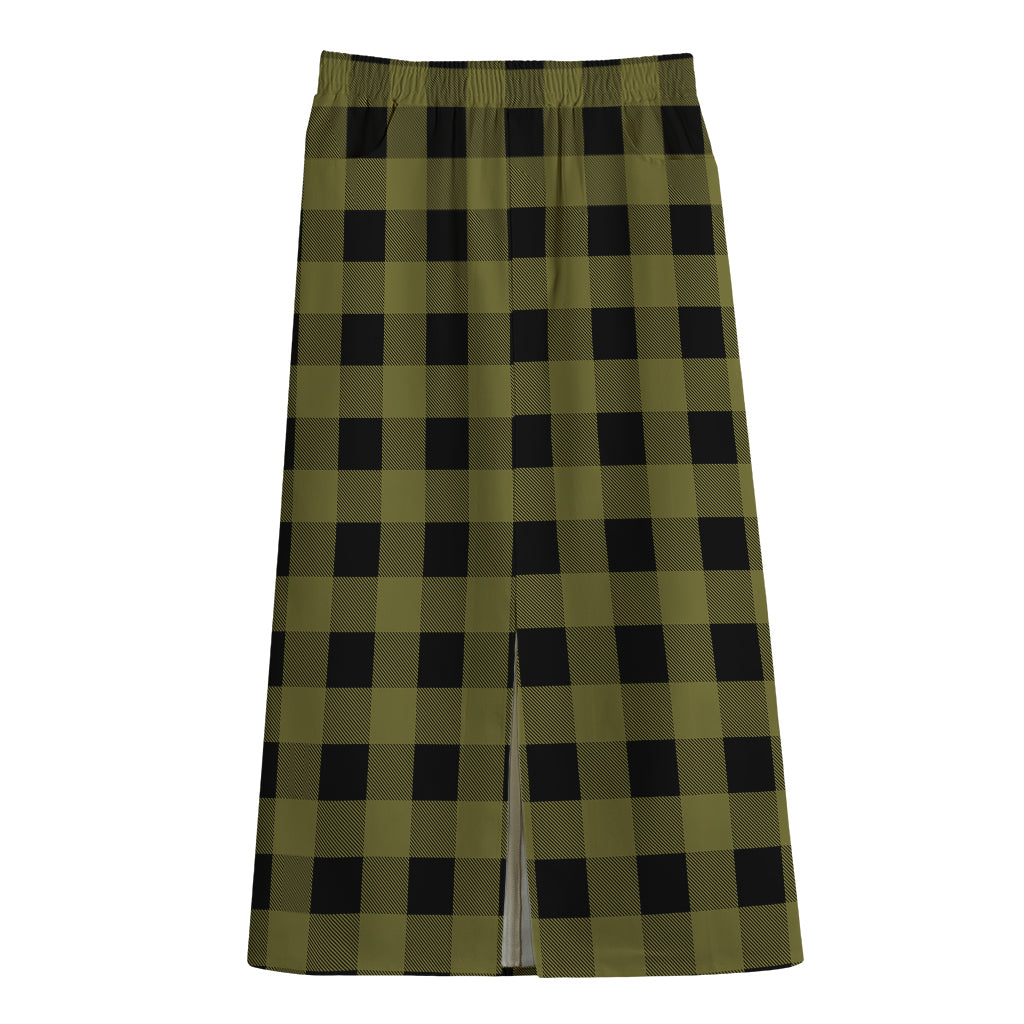 Olive Green Buffalo Check Pattern Print Cotton Front Slit Maxi Skirt