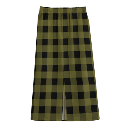 Olive Green Buffalo Check Pattern Print Cotton Front Slit Maxi Skirt