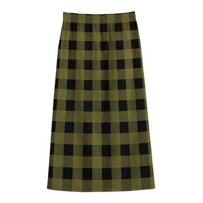 Olive Green Buffalo Check Pattern Print Cotton Front Slit Maxi Skirt