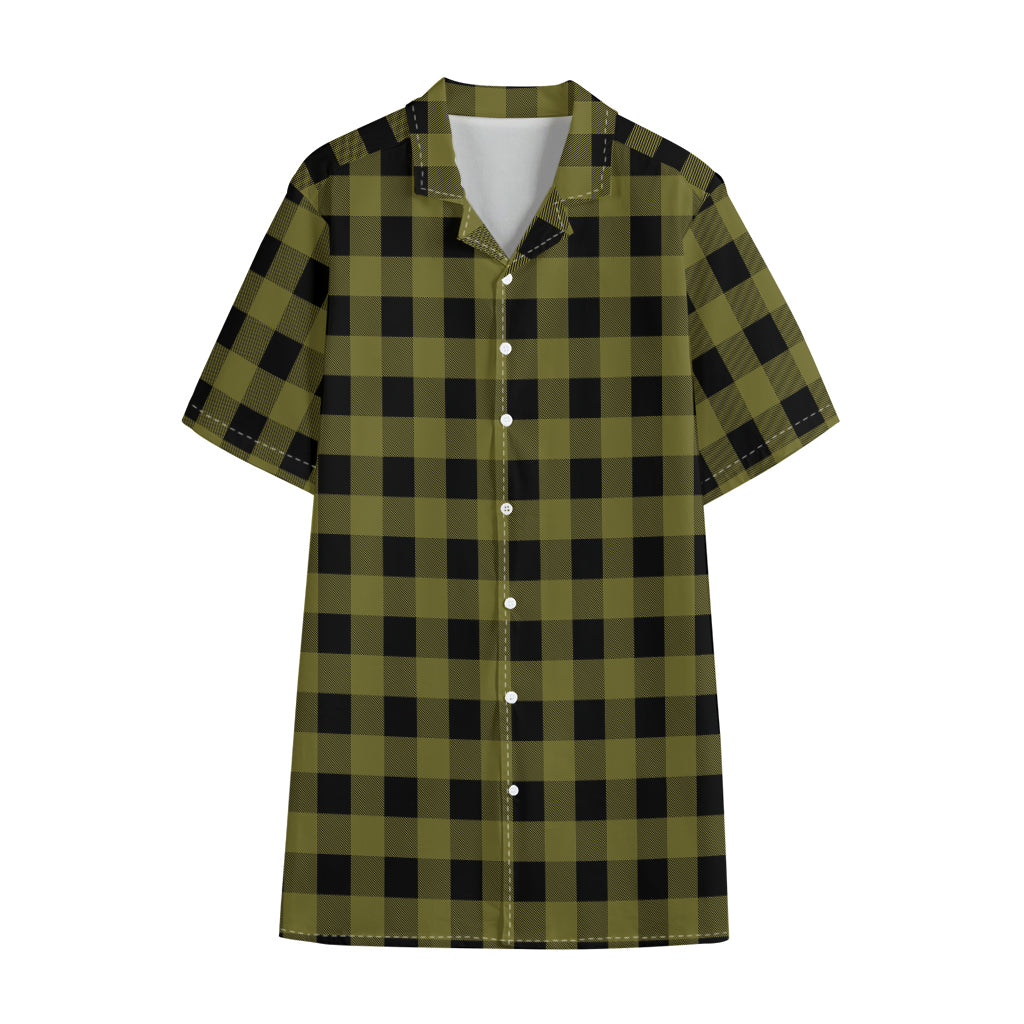 Olive Green Buffalo Check Pattern Print Cotton Hawaiian Shirt