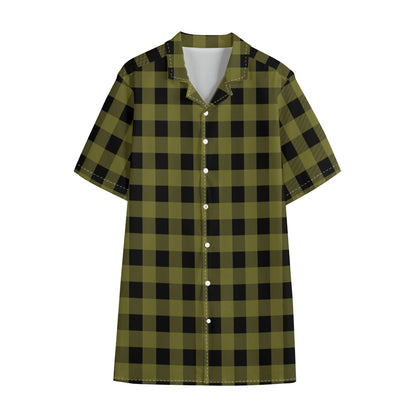 Olive Green Buffalo Check Pattern Print Cotton Hawaiian Shirt