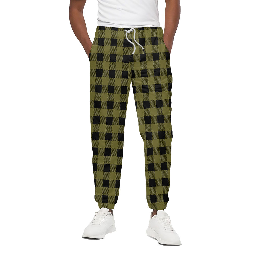 Olive Green Buffalo Check Pattern Print Cotton Pants
