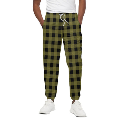 Olive Green Buffalo Check Pattern Print Cotton Pants