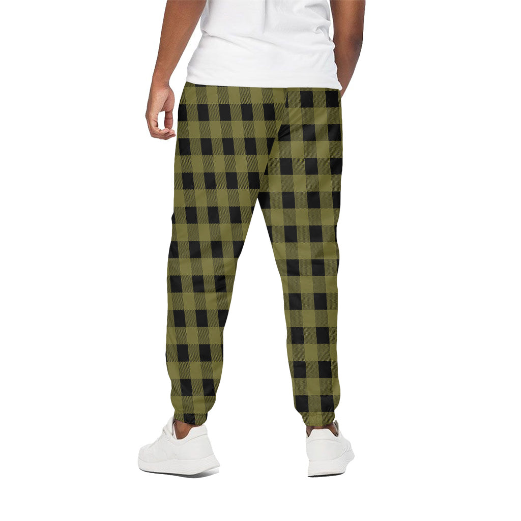Olive Green Buffalo Check Pattern Print Cotton Pants