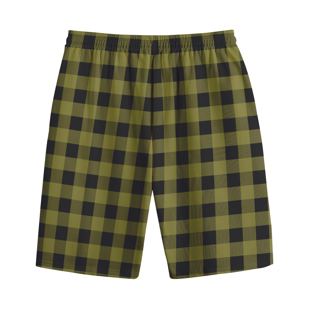 Olive Green Buffalo Check Pattern Print Cotton Shorts