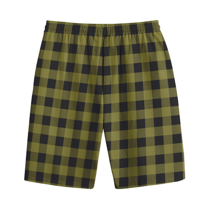 Olive Green Buffalo Check Pattern Print Cotton Shorts