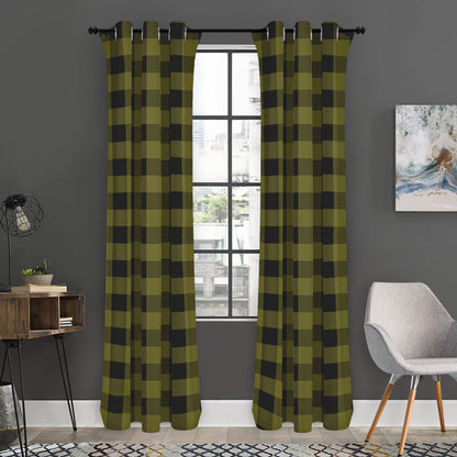 Olive Green Buffalo Check Pattern Print Curtain