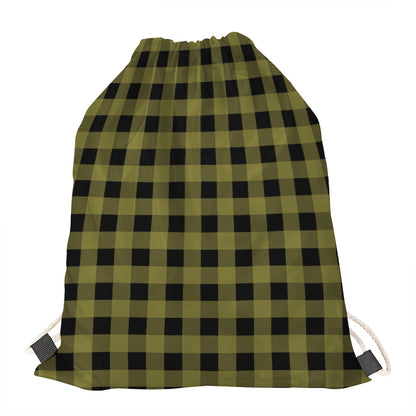Olive Green Buffalo Check Pattern Print Drawstring Bag