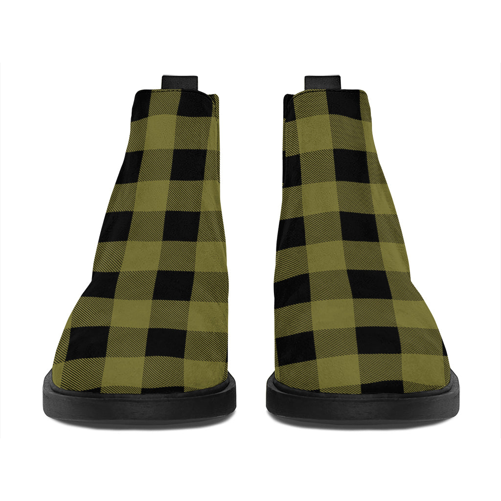 Olive Green Buffalo Check Pattern Print Flat Ankle Boots