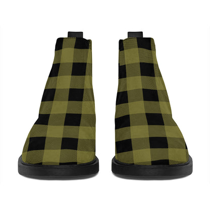 Olive Green Buffalo Check Pattern Print Flat Ankle Boots