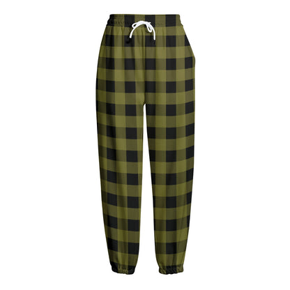 Olive Green Buffalo Check Pattern Print Fleece Lined Knit Pants