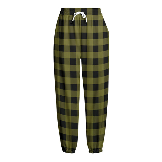 Olive Green Buffalo Check Pattern Print Fleece Lined Knit Pants
