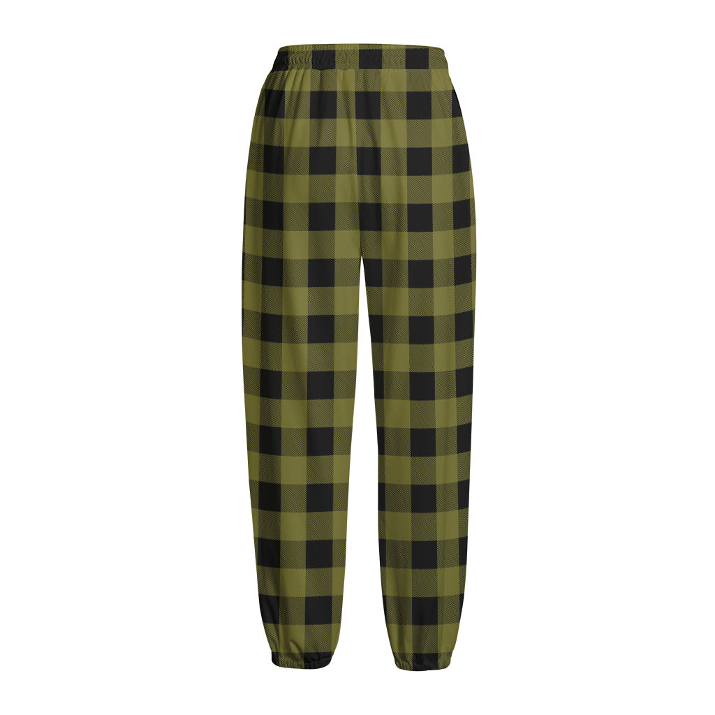 Olive Green Buffalo Check Pattern Print Fleece Lined Knit Pants