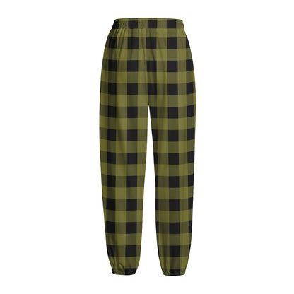 Olive Green Buffalo Check Pattern Print Fleece Lined Knit Pants