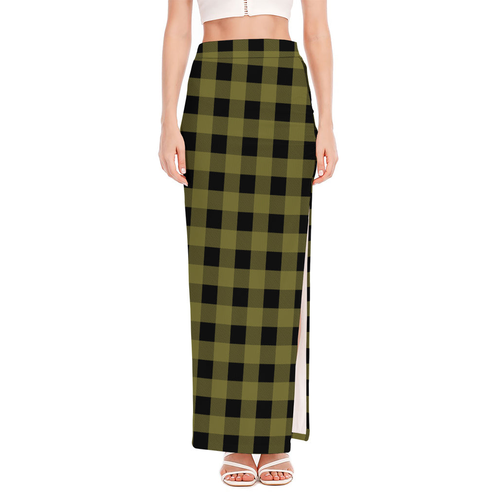 Olive Green Buffalo Check Pattern Print High Slit Maxi Skirt