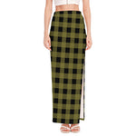 Olive Green Buffalo Check Pattern Print High Slit Maxi Skirt
