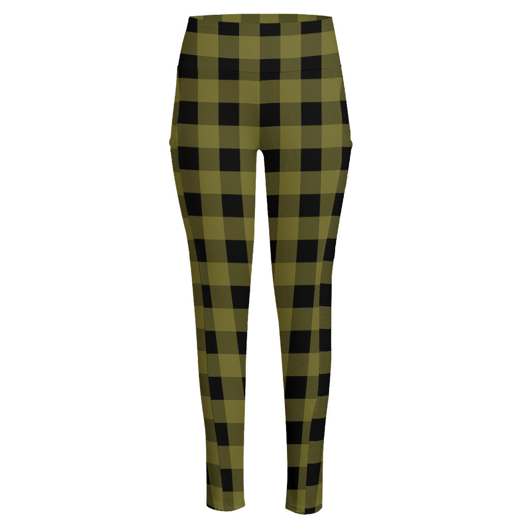 Olive Green Buffalo Check Pattern Print High-Waisted Pocket Leggings