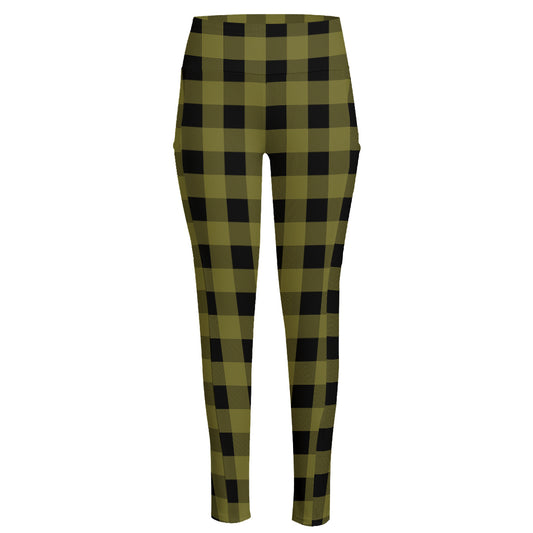 Olive Green Buffalo Check Pattern Print High-Waisted Pocket Leggings