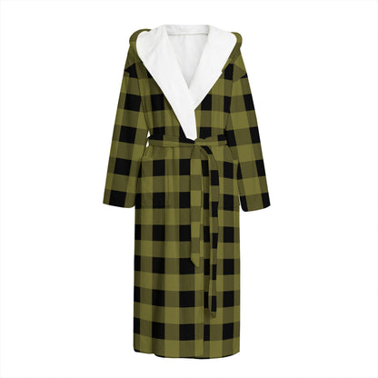 Olive Green Buffalo Check Pattern Print Hooded Bathrobe
