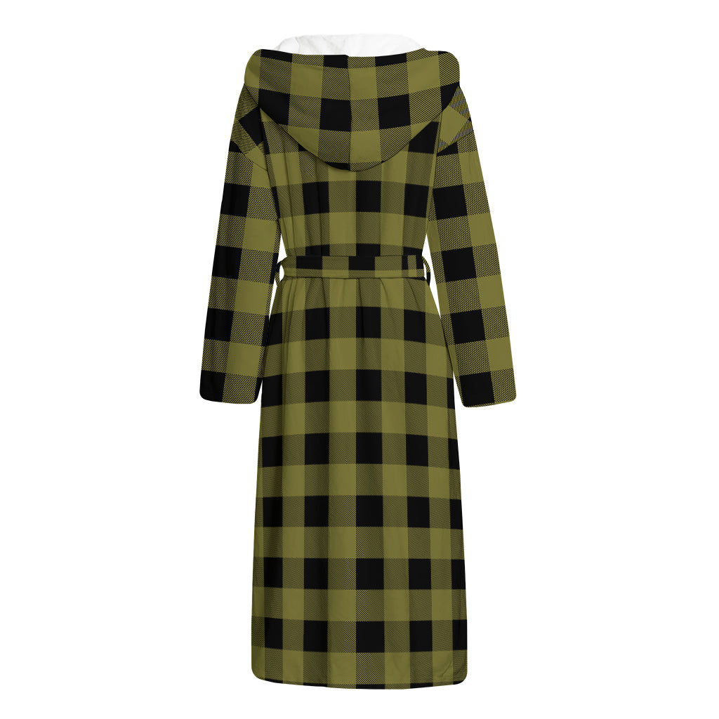 Olive Green Buffalo Check Pattern Print Hooded Bathrobe