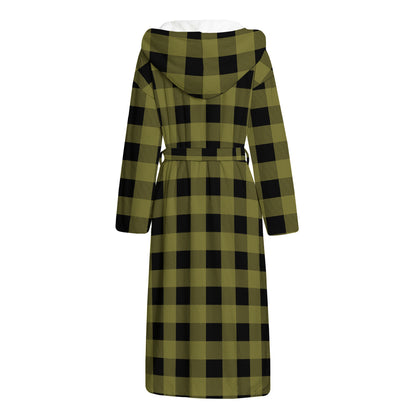 Olive Green Buffalo Check Pattern Print Hooded Bathrobe