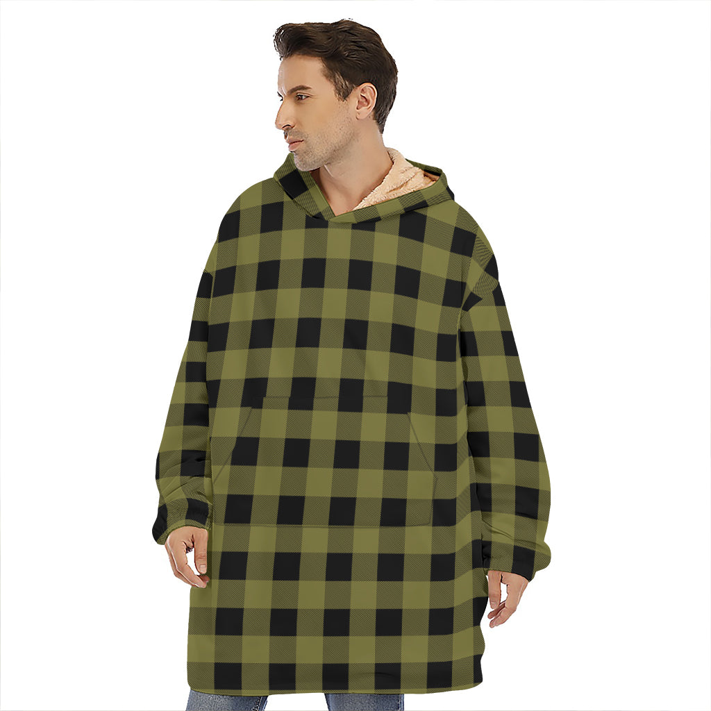 Olive Green Buffalo Check Pattern Print Hoodie Blanket