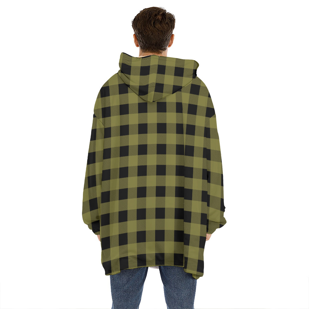 Olive Green Buffalo Check Pattern Print Hoodie Blanket