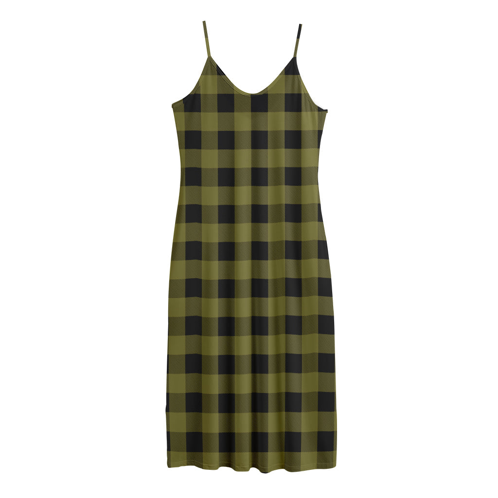 Olive Green Buffalo Check Pattern Print Jersey Midi Cami Dress