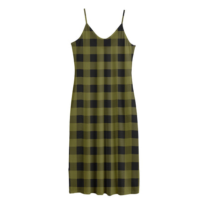 Olive Green Buffalo Check Pattern Print Jersey Midi Cami Dress