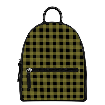Olive Green Buffalo Check Pattern Print Leather Backpack