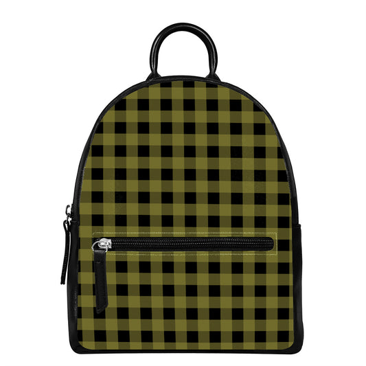 Olive Green Buffalo Check Pattern Print Leather Backpack