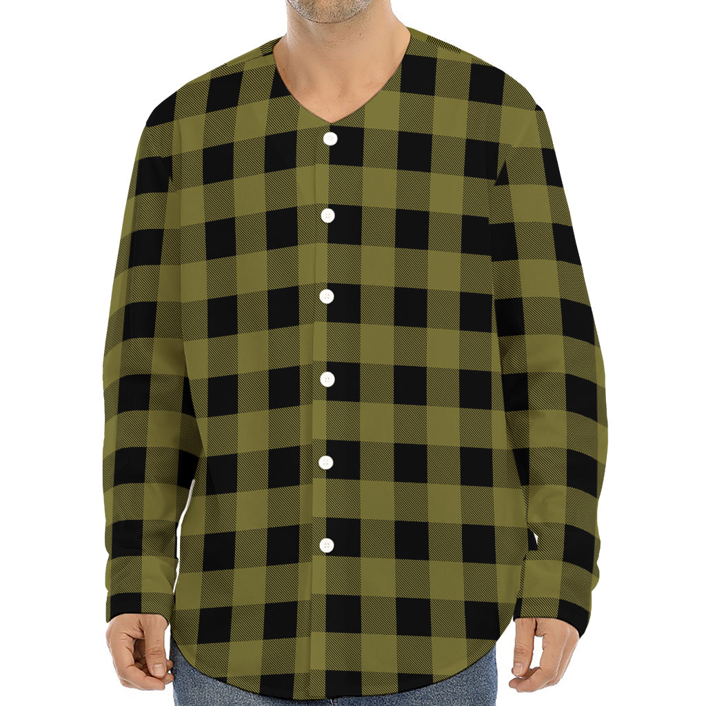 Olive Green Buffalo Check Pattern Print Long Sleeve Baseball Jersey
