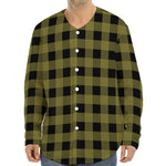 Olive Green Buffalo Check Pattern Print Long Sleeve Baseball Jersey