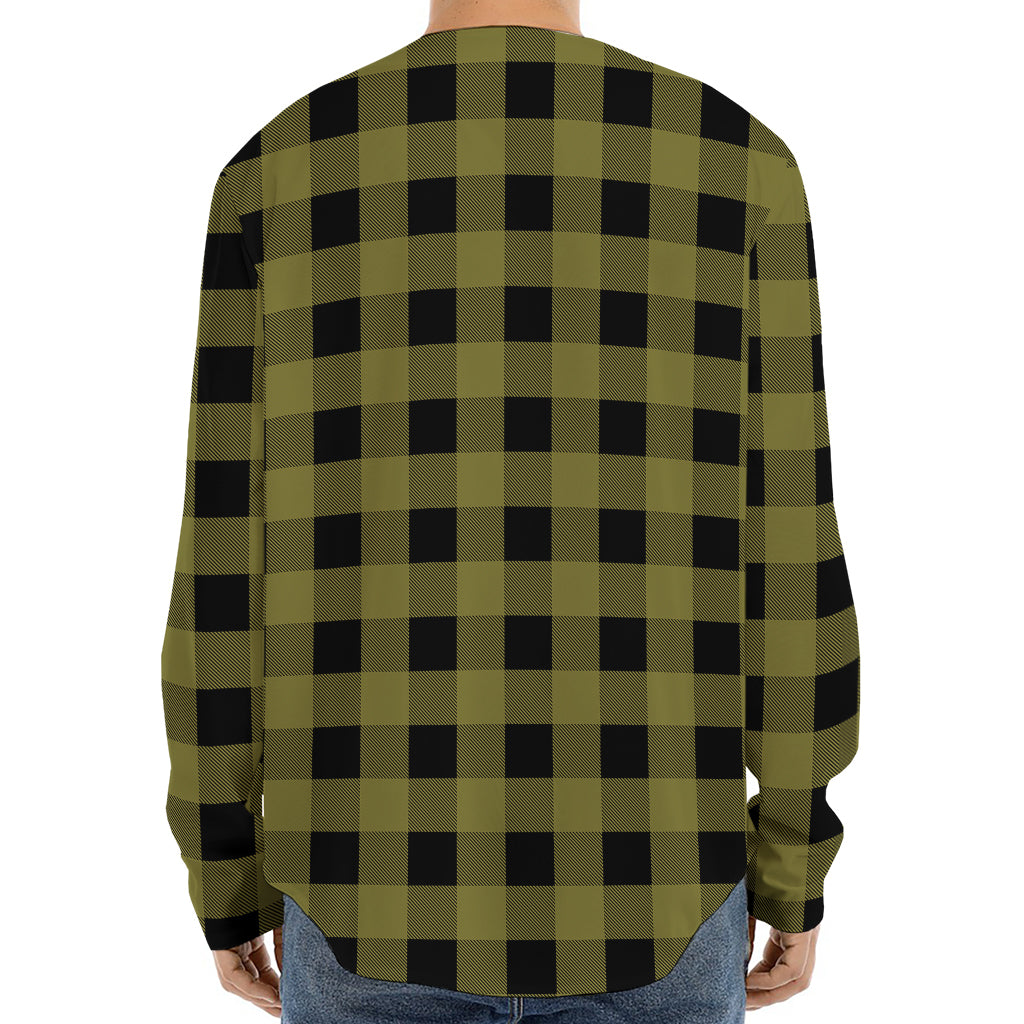 Olive Green Buffalo Check Pattern Print Long Sleeve Baseball Jersey