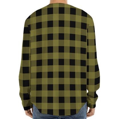 Olive Green Buffalo Check Pattern Print Long Sleeve Baseball Jersey