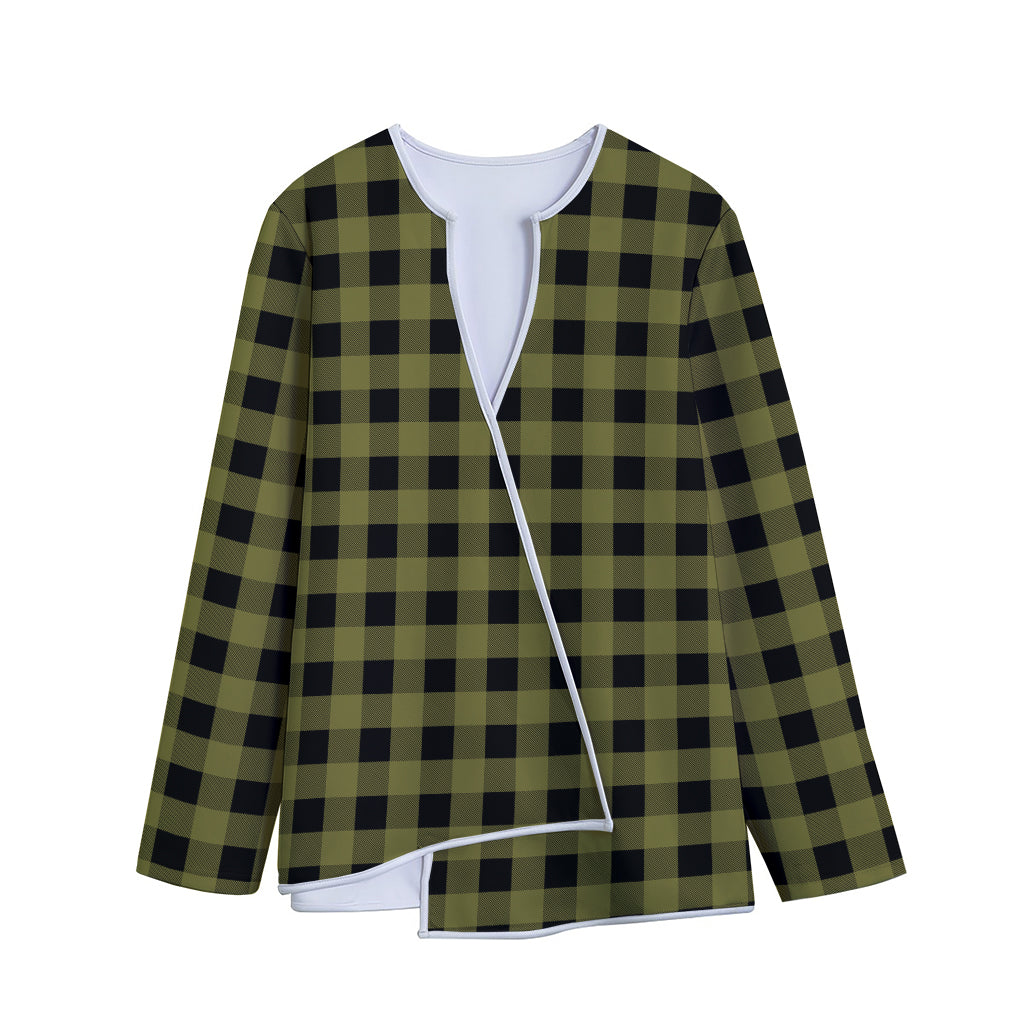 Olive Green Buffalo Check Pattern Print Long Sleeve Short Coat
