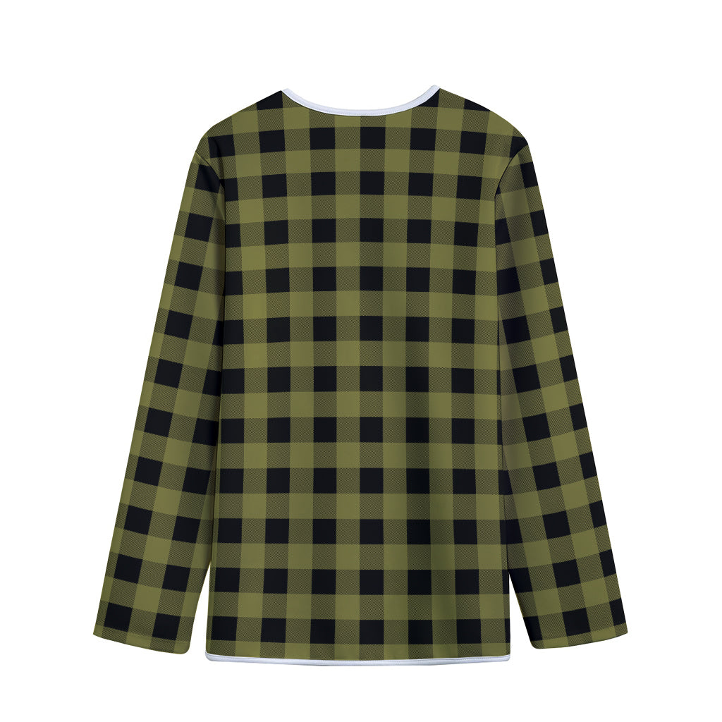 Olive Green Buffalo Check Pattern Print Long Sleeve Short Coat