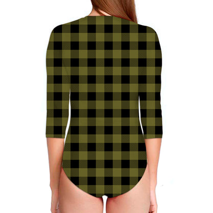 Olive Green Buffalo Check Pattern Print Long Sleeve Swimsuit