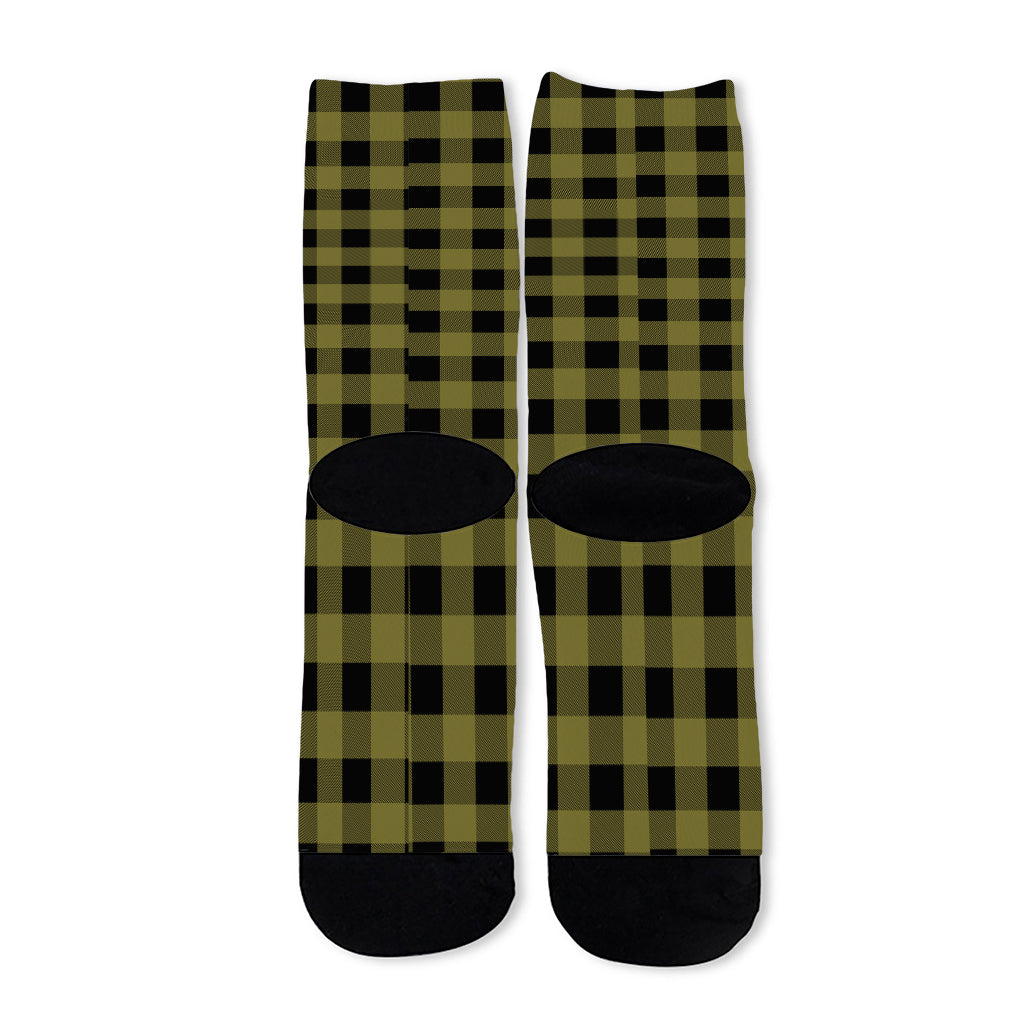 Olive Green Buffalo Check Pattern Print Long Socks
