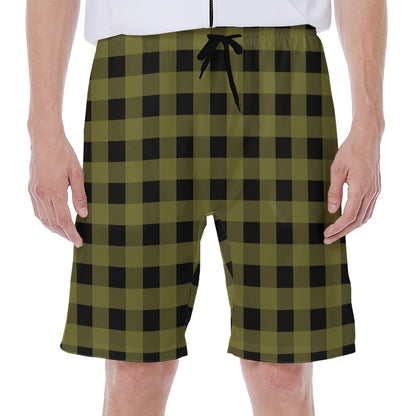Olive Green Buffalo Check Pattern Print Men's Beach Shorts